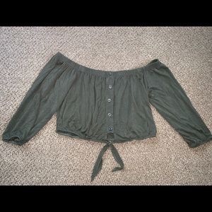Olive green off the shoulder long sleeve crop top